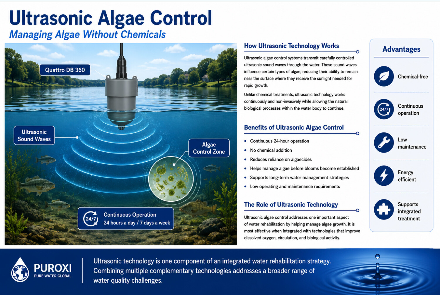 Puroxi Ultrasonic Algae Control infographic explaining ultrasonic sound waves, continuous operation, benefits and complementary water treatment