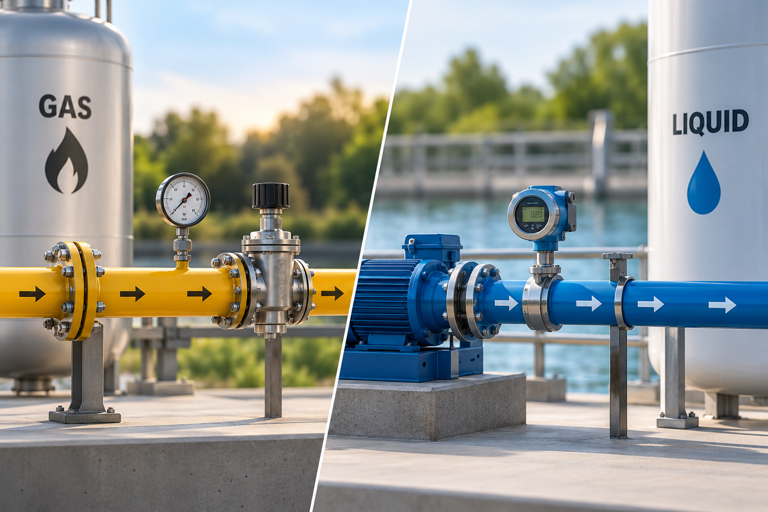 Comparison of gas and liquid delivery systems with pipelines, pumps, valves, and flow controls.