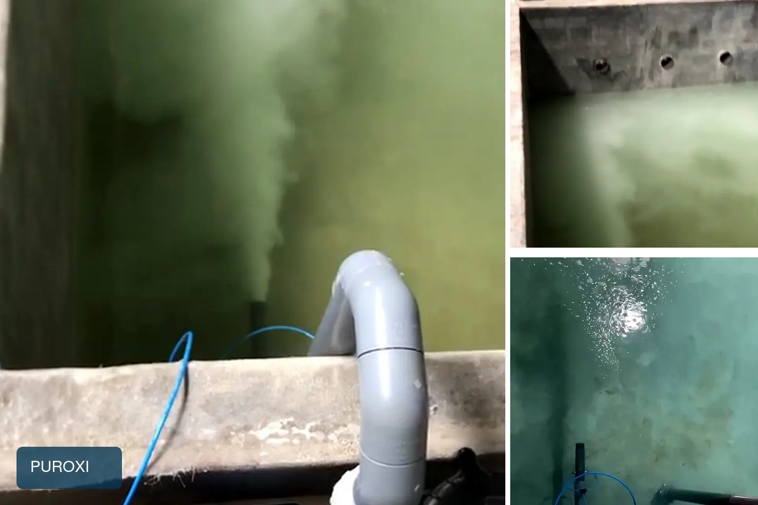 Real Puroxi nano bubble system operating footage showing a fine-bubble plume and submerged bubble dispersion.