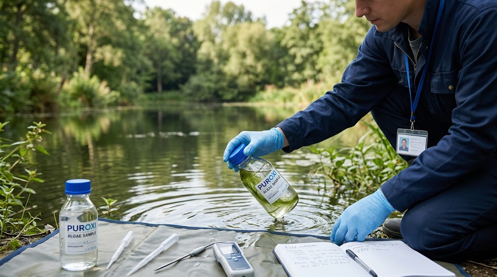 Steps for collecting a water sample for algae testing
