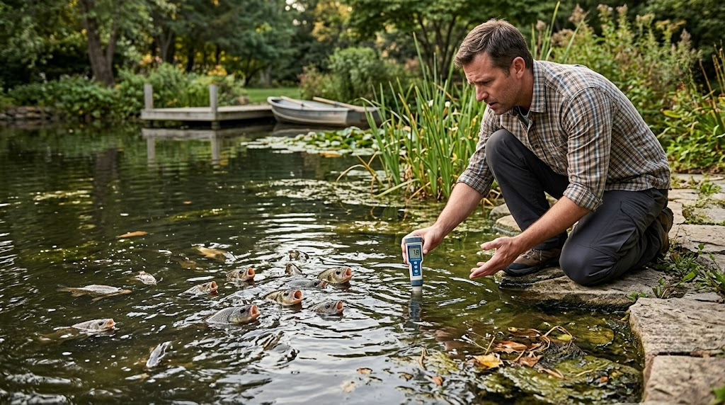 Warning signs of low oxygen levels in lake pond