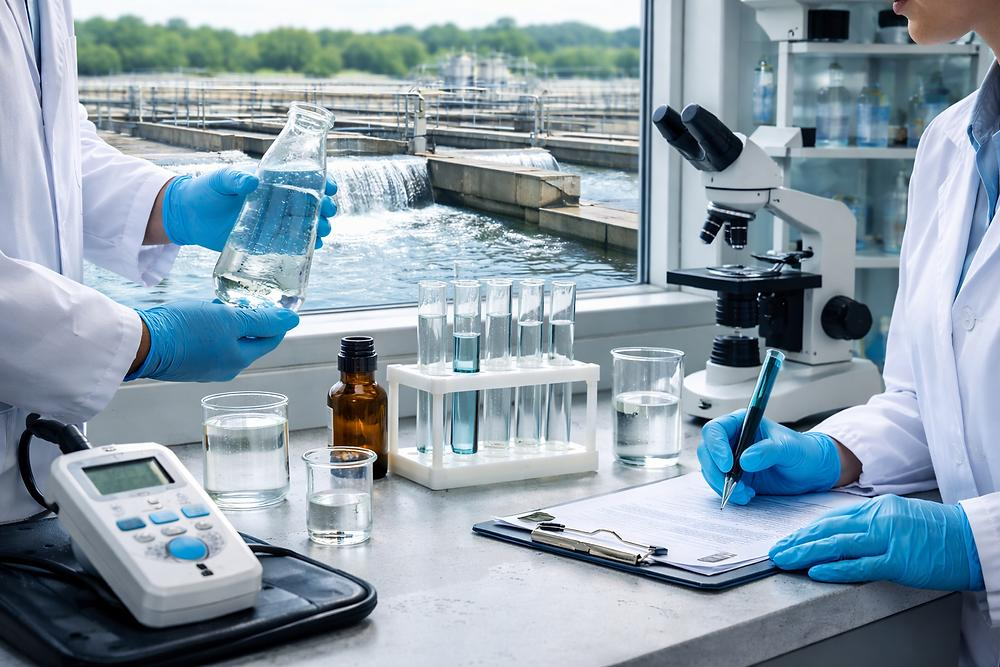 Laboratory scientists testing water samples and recording environmental analysis results