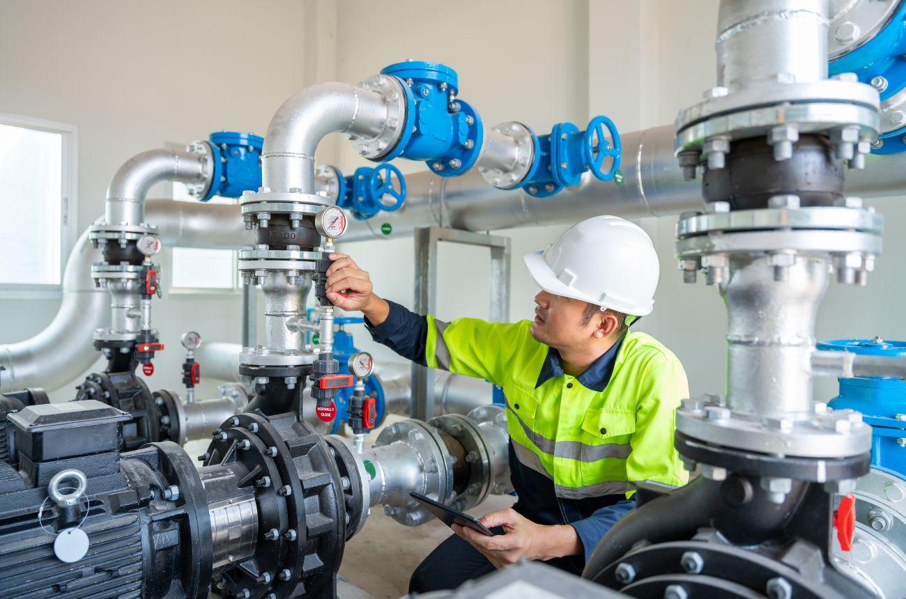 Water treatment engineer inspecting industrial pump, valves and piping during system commissioning