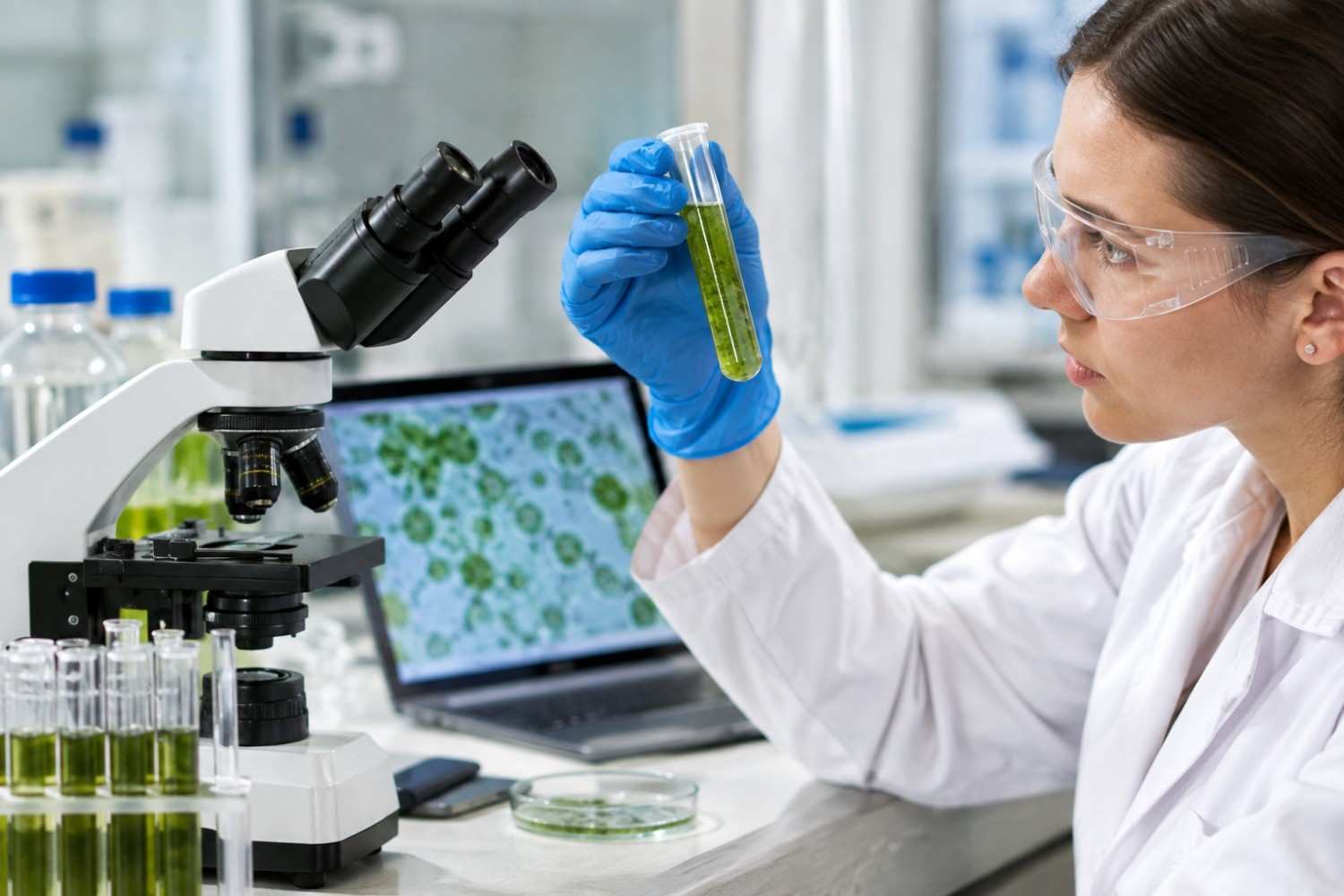 Laboratory researcher examining cyanobacteria sample for antiviral treatment research