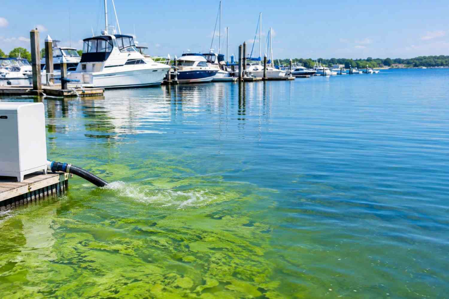 Marina with boats and water aeration system on a lake