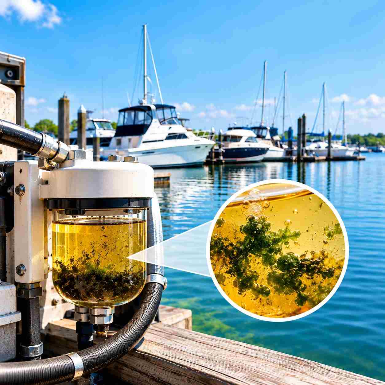 Marine diesel fuel filter showing algae contamination at a marina